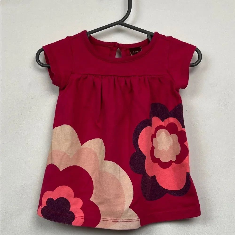 Tea Pink short sleeve knit cotton dress with bold floral print size 3-6 m